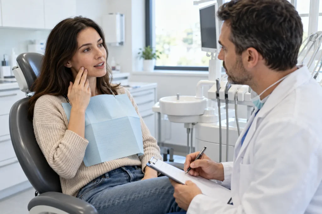 Pacjentka opisuje dentyście dolegliwości zęba podczas konsultacji.
