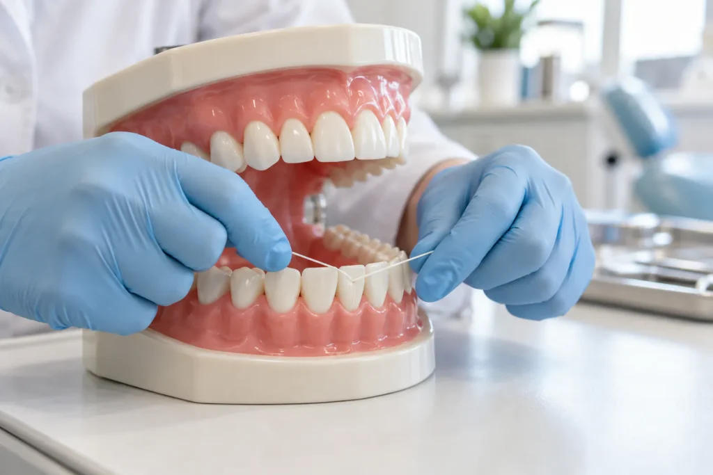 Pokaz czyszczenia przestrzeni między zębami nicią dentystyczną na modelu.
