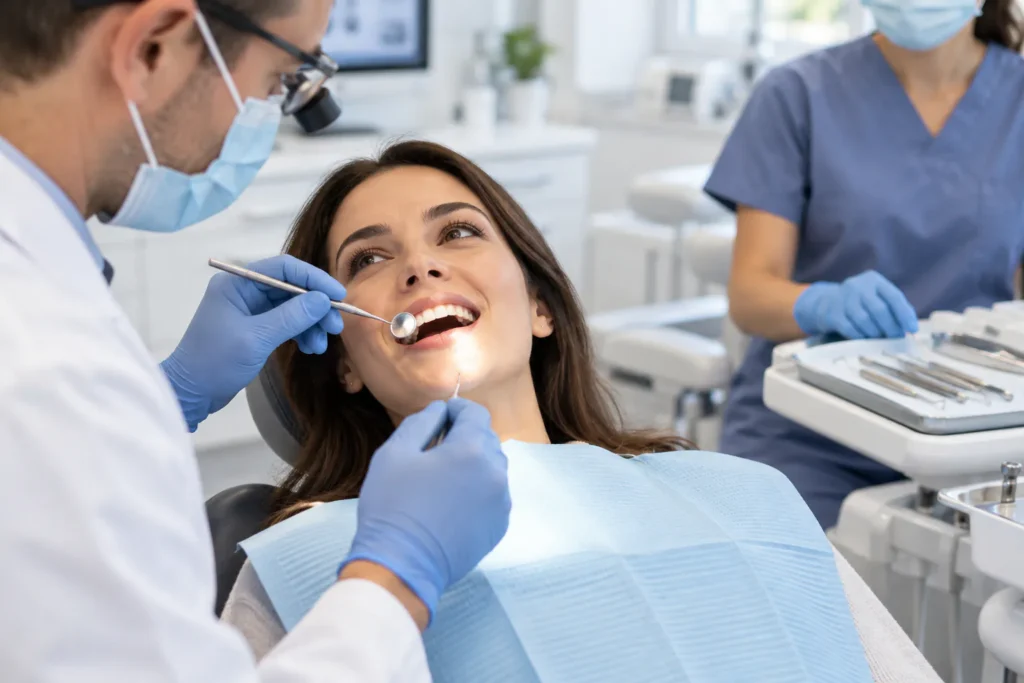 Dentysta bada zęby pacjentki przed planowaniem leczenia ubytku.
