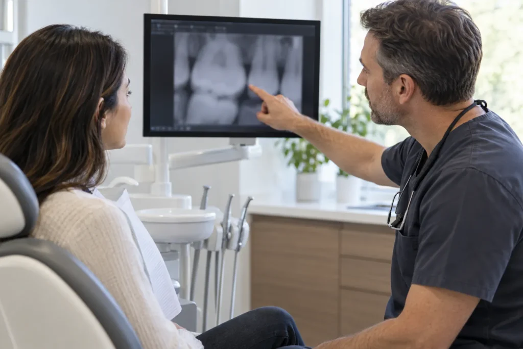 Dentysta omawia z pacjentką obraz RTG podczas diagnostyki zębów.